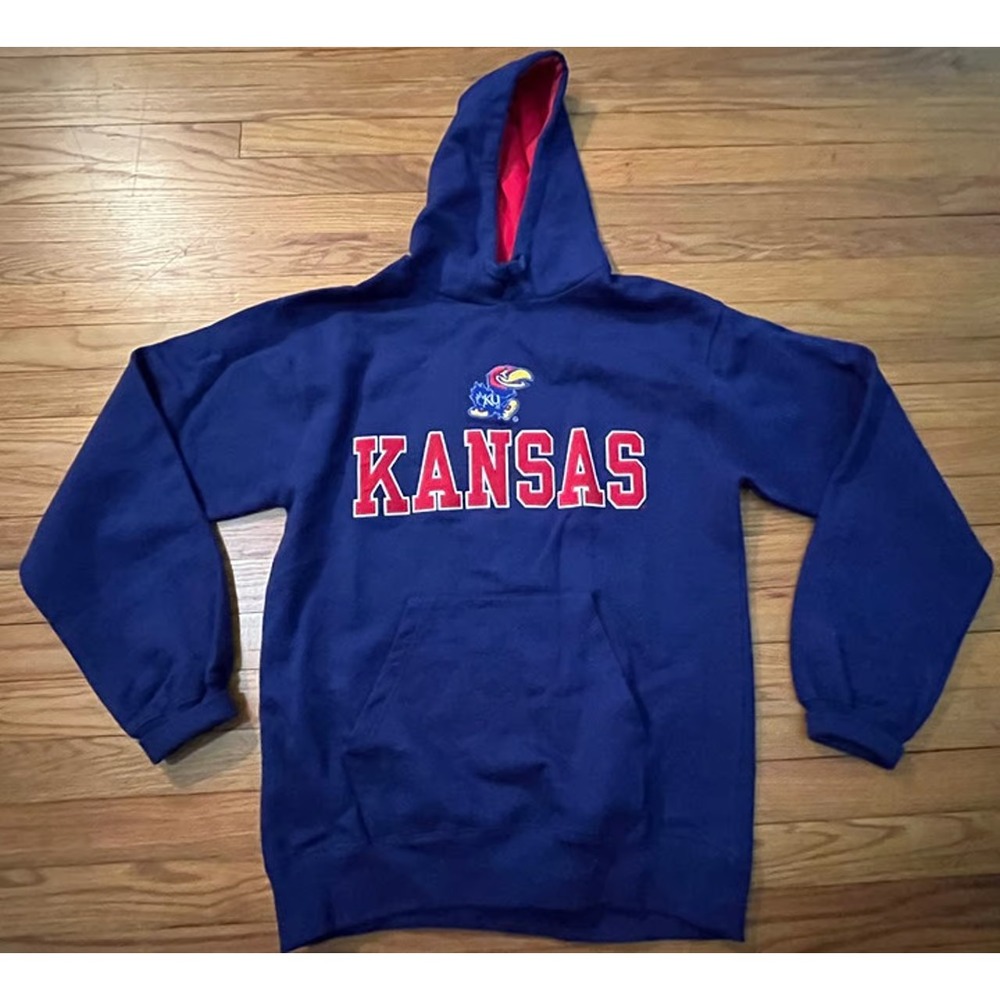 Old Varsity Brand KU Kansas Jayhawks Embroidered Hoodie Sweatshirt Mens M Blue
